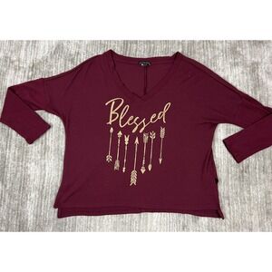 Signature Studio Top Womens Large Red Longsleeve Casual Graphic Vneck